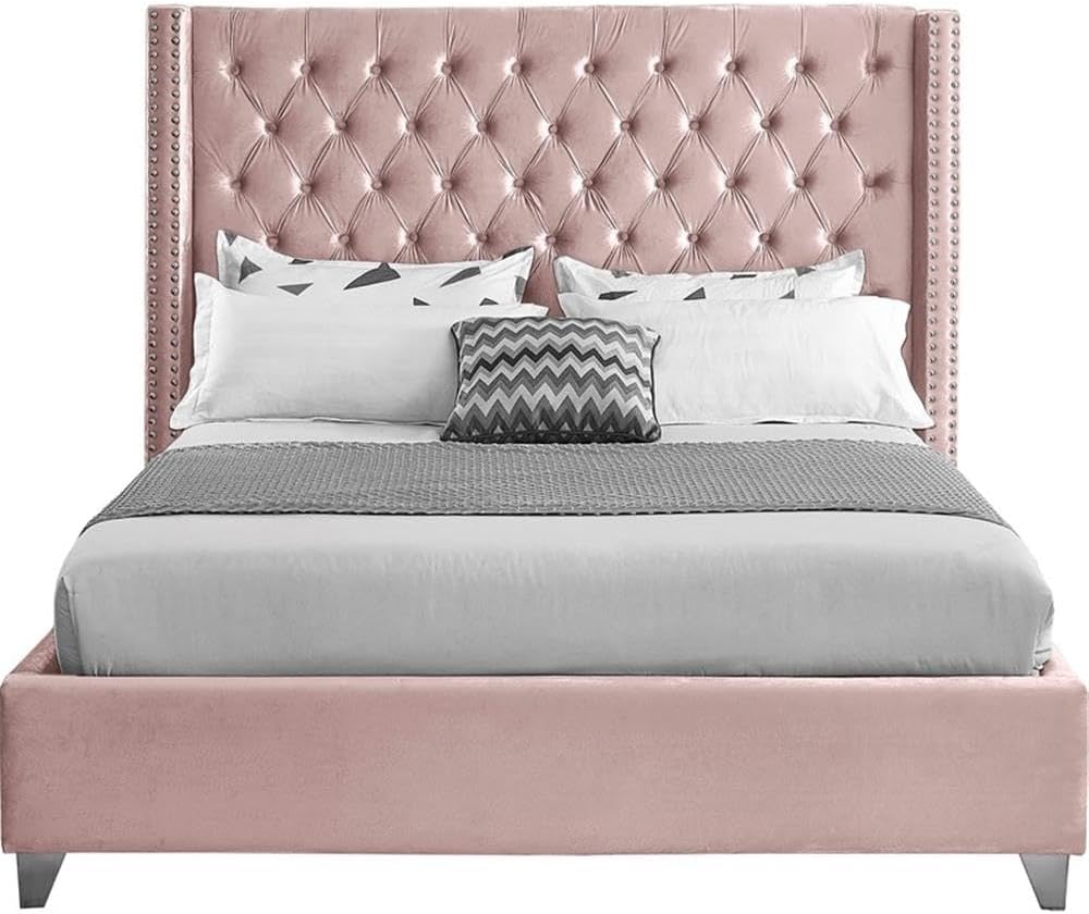 Meridian Furniture Aiden Collection Modern | Contemporary Velvet Upholstered Bed with Deep Button Tufting, Solid Wood Frame, and Custom Chrome Legs, Queen, Pink