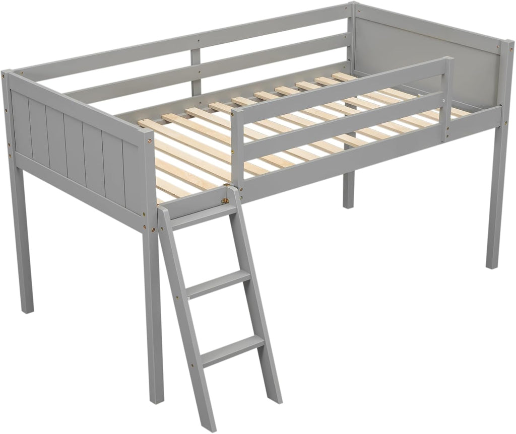 Twin Size Loft Bed, Wood Low Loft Bed with Convertible Ladder, Ladder can be Placed on the Left or Right, Safety Guardrails, Wood Slats Support, No Box Spring Required (Gray & Convertible Ladder)