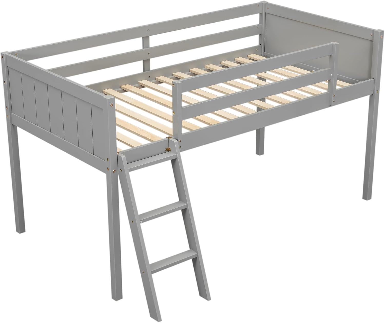 Twin Size Loft Bed, Wood Low Loft Bed with Convertible Ladder, Ladder can be Placed on the Left or Right, Safety Guardrails, Wood Slats Support, No Box Spring Required (Gray & Convertible Ladder)