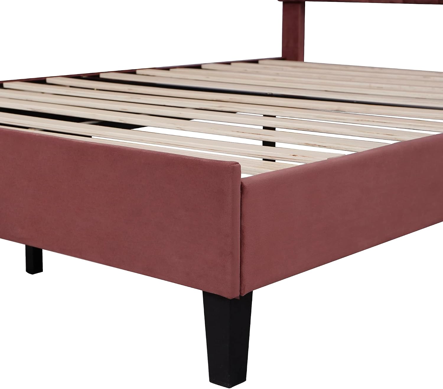 Merax Full Size Upholstered Platform Bed Wooden Frame with Flower Pattern Velvet Headboard for Bedroom,Boys Girls,Bean Paste Red