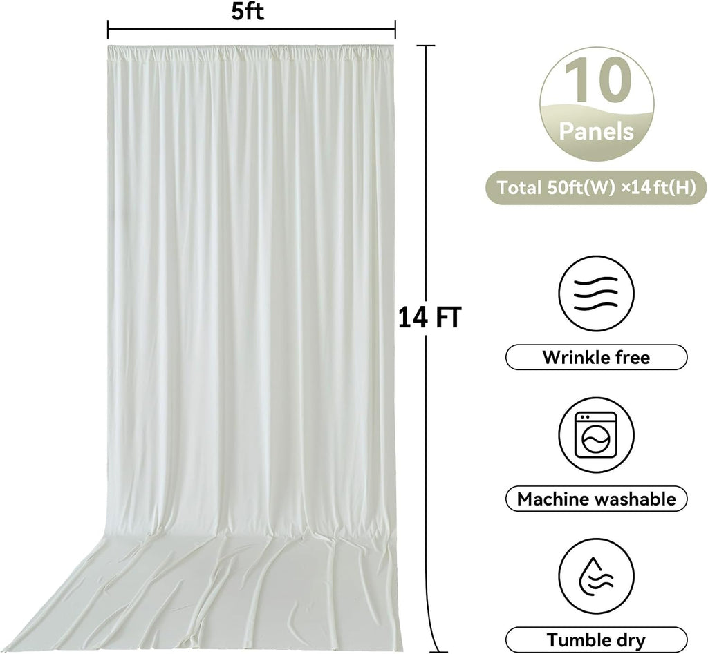 50x14ft Ivory Backdrop Curtains for Parties, Wrinkle Free Polyester Ivory Photo Backdrop Drapes 10 Panels 14 ft Long Back Drop Cloth for Wedding Birthday Photography Background Party