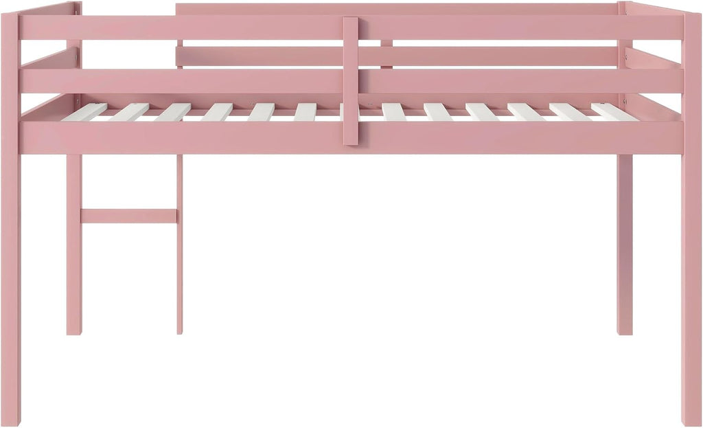 JIVOIT Twin Size Loft Bed with Ladder, Solid Rubber Wooden Low Height Loft Bed, Bed Platform of Strengthened Slats, No Box Spring Needed (Pink//14)
