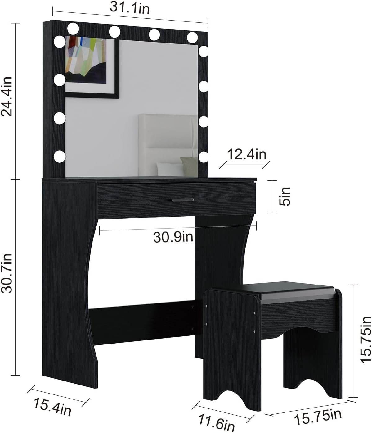 Panana Vanity Desk with Mirror and Lights, Black, Medium Size, Tabletop Mount, Makeup Vanity Table with Stool, Bedroom