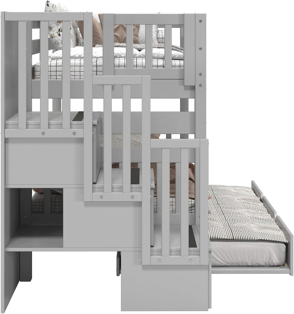 Bedz King Stairway Bunk Beds Twin Over Twin, 3 Step Drawers and a Twin Trundle, Gray