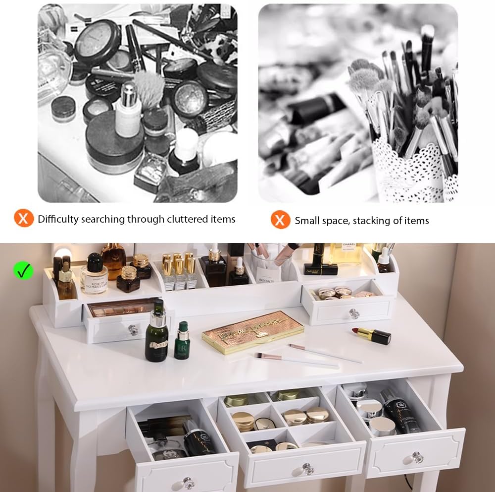 Vanity Desk with Mirror and Lights White Girls Vanity Set with Mirror and Cushioned Stool Makeup Vanity Table with Lighted Mirror & 5 Drawers(White)
