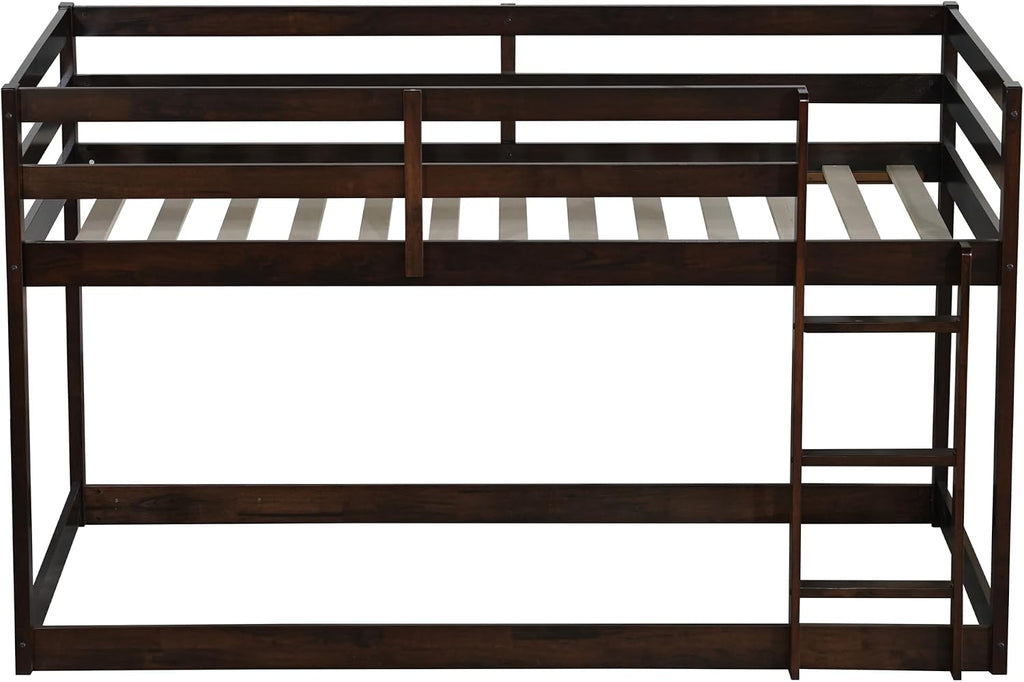 Ball & Cast Twin Over Twin Bunk Bed,Solid Rubber Wooden Low Floor Platform Bed with Ladder and Full Length Guardrail,Slat Support,Bedroom Furniture for Girls Boys,Espresso