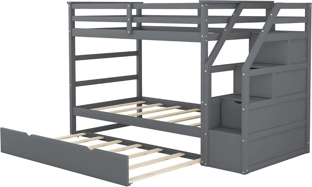 Harper & Bright Designs Twin-Over-Twin Bunk Bed with Twin Size Trundle and 3 Storage Stairs, Trundle Bunk Bed, Staircase Can be Installed on Right or Left Side (Gray)