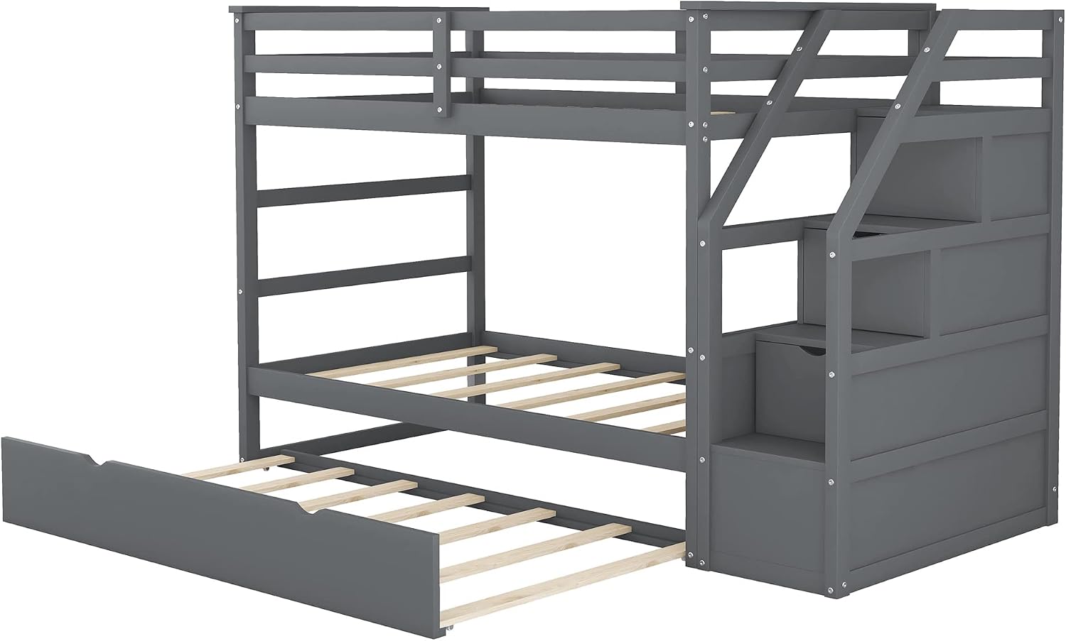 Harper & Bright Designs Twin-Over-Twin Bunk Bed with Twin Size Trundle and 3 Storage Stairs, Trundle Bunk Bed, Staircase Can be Installed on Right or Left Side (Gray)