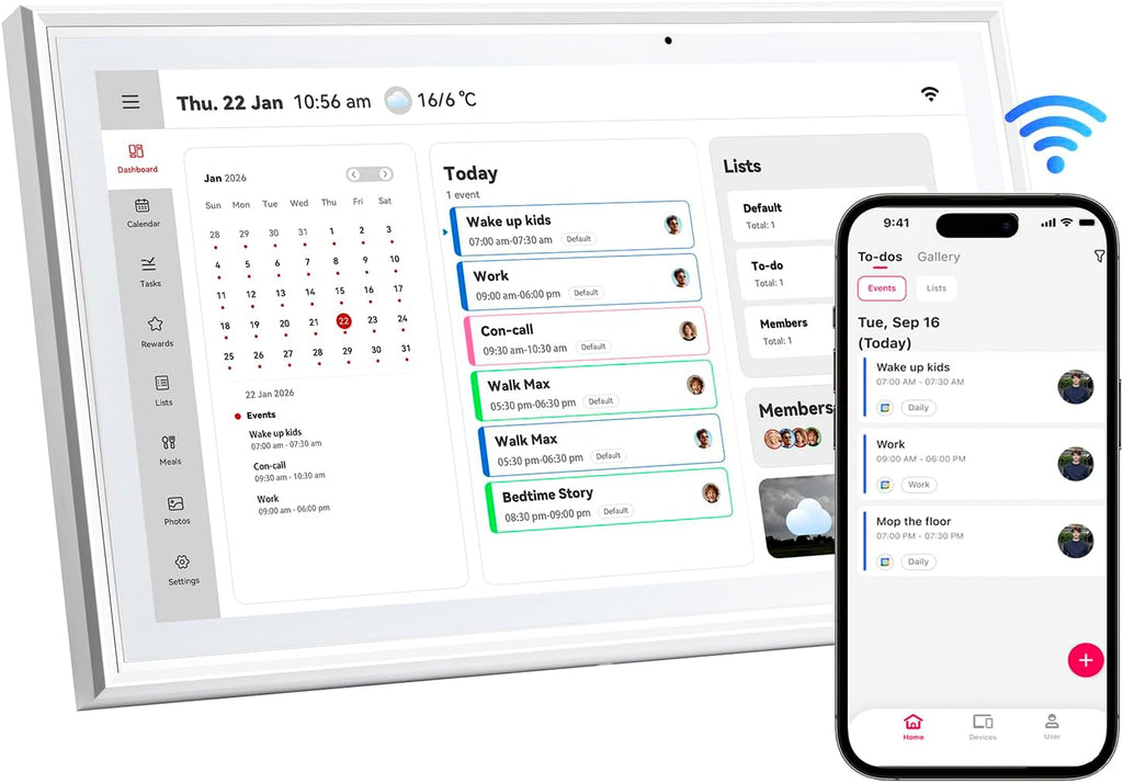 15.6 Inch Digital Calendar，Smart Touchscreen Interactive Display for Family Schedules，Chore Charts, Achievement Rewards,Meal Planner, to Do List，Wall & Desk Mount Smart Electronic Planne