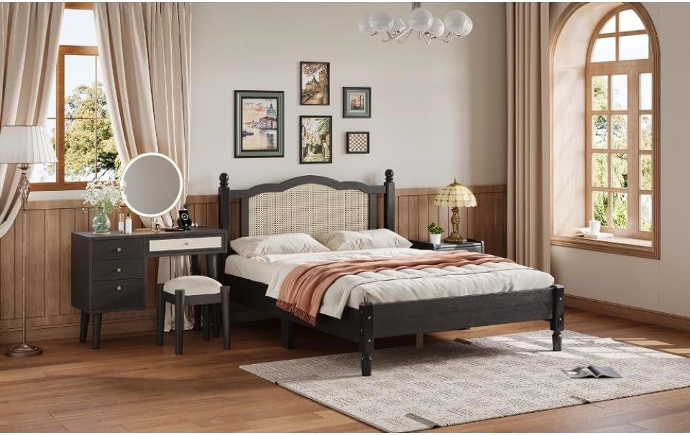 3 Pieces Bedroom Set with Full Size Wooden Bed Frame, 1 Vintage Nightstand and 1 Makeup Vanity Set with Stool,Black (Black + Wood + Full + 3 Piece Set)