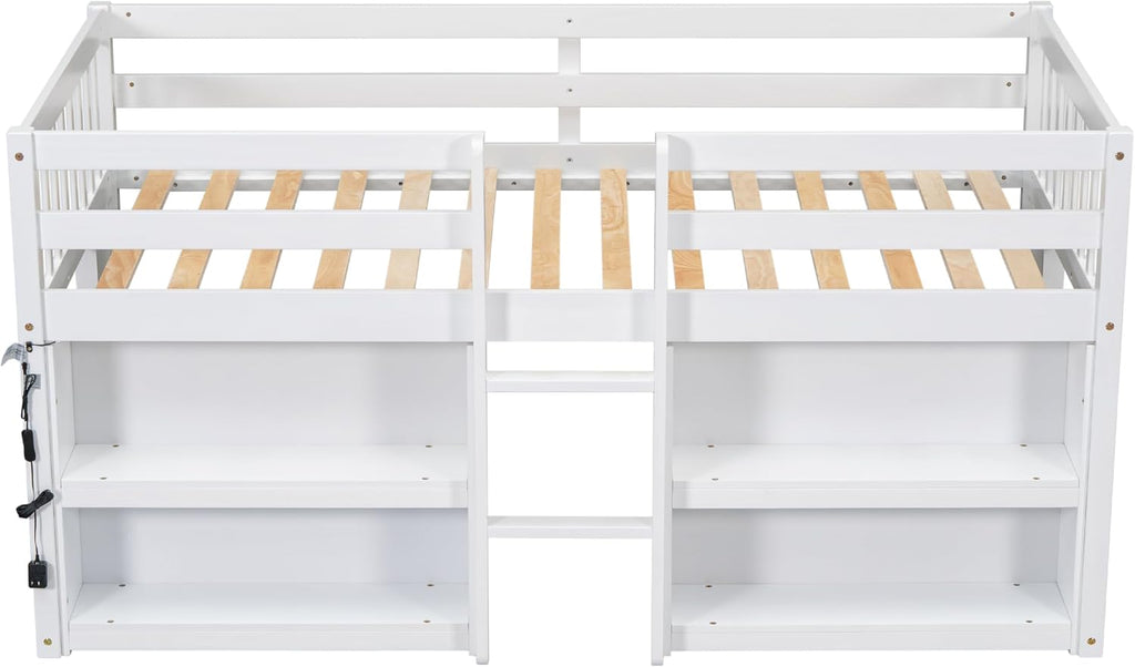 Twin Size Low Loft Bed with Two-Tier Shelves, Multifunction Wood Loft Bed Frame with Built-in Stairs, Storage Underneath, Sturdy Slats Support, Space Saving Loft Bed for Kids Boys Girls (White * 01)