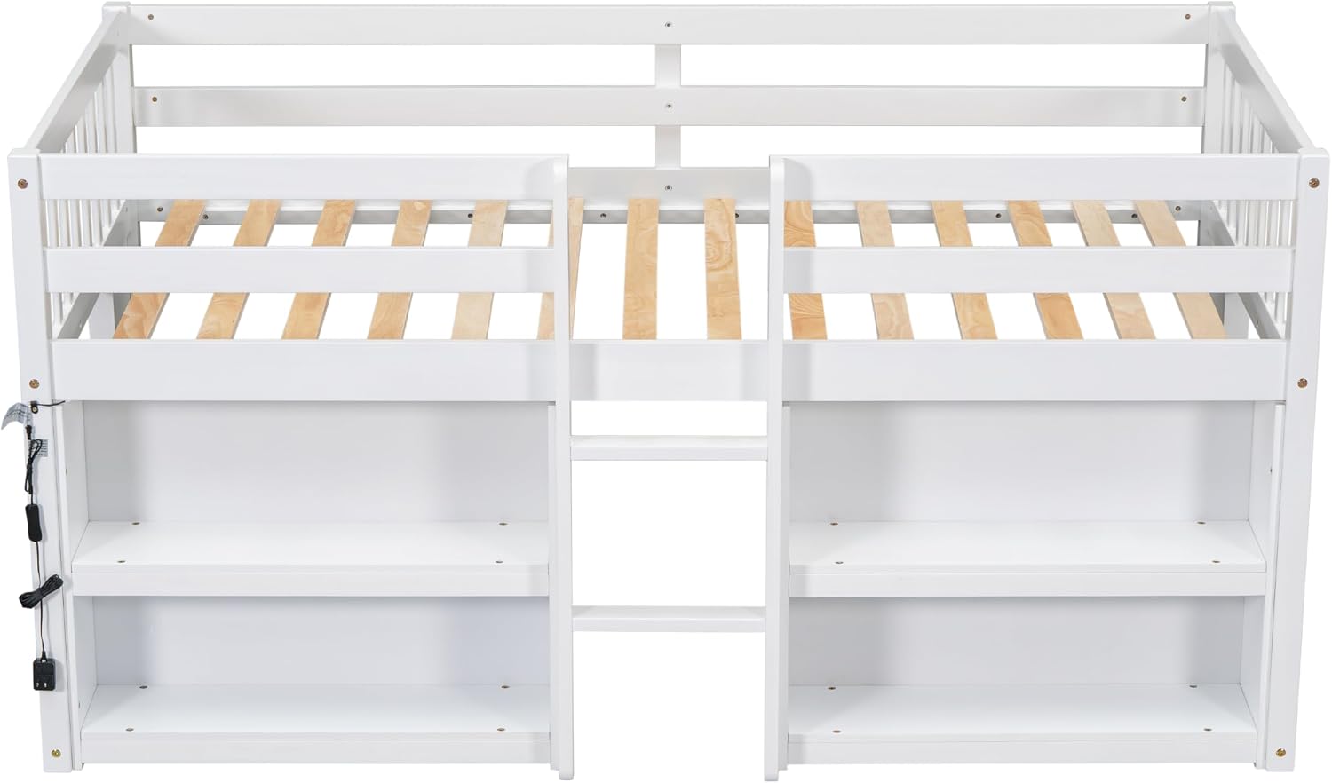 Twin Size Low Loft Bed with Two-Tier Shelves, Multifunction Wood Loft Bed Frame with Built-in Stairs, Storage Underneath, Sturdy Slats Support, Space Saving Loft Bed for Kids Boys Girls (White * 01)