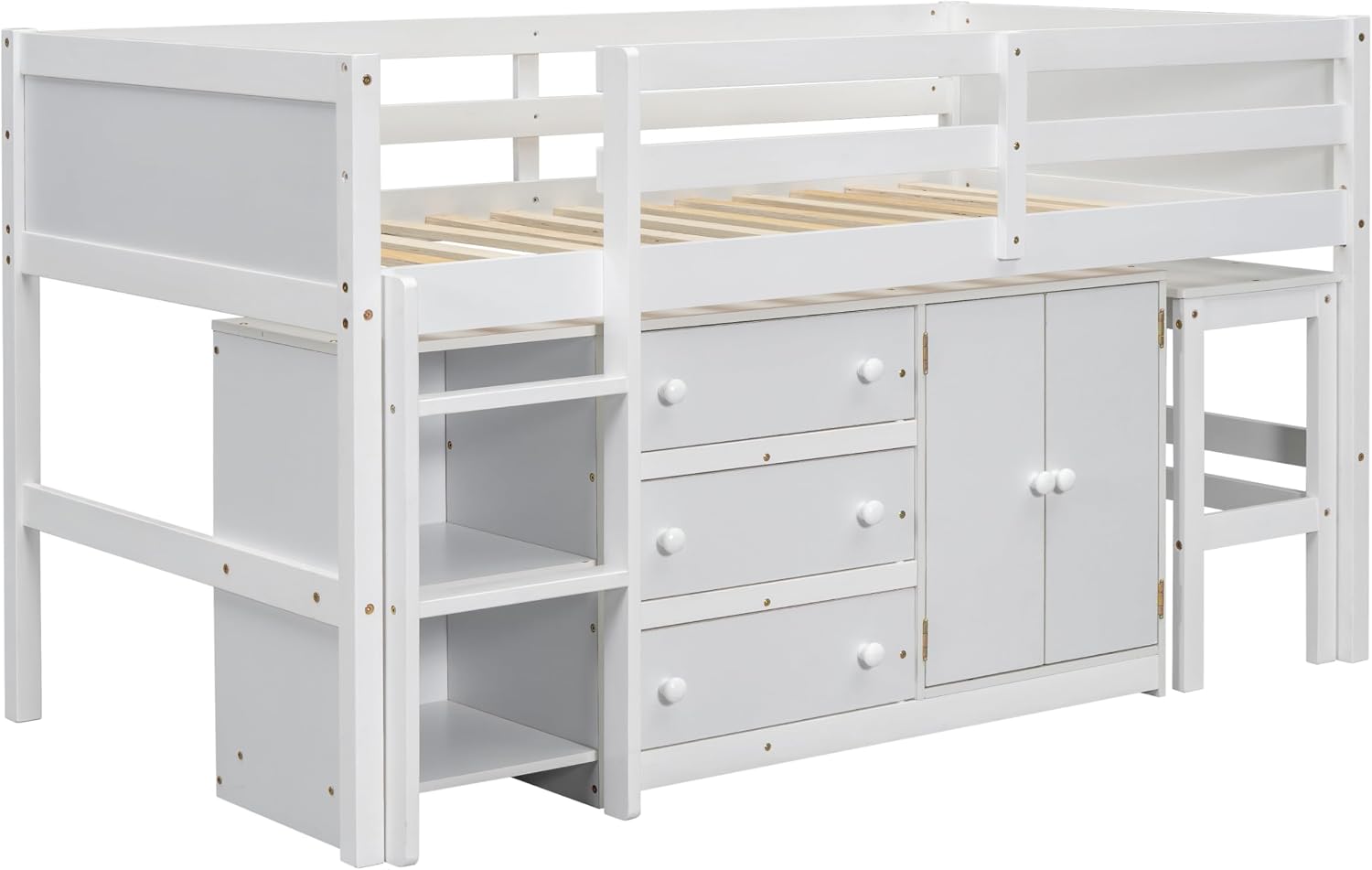 JIVOIT Twin Size Low Loft Bed with Retractable Desk, Multifunction Loft Bed with 3 Drawers, Cabinet and Shelves, Space Saving Wood Bed Frame for Kids Boys Girls (White * 02)