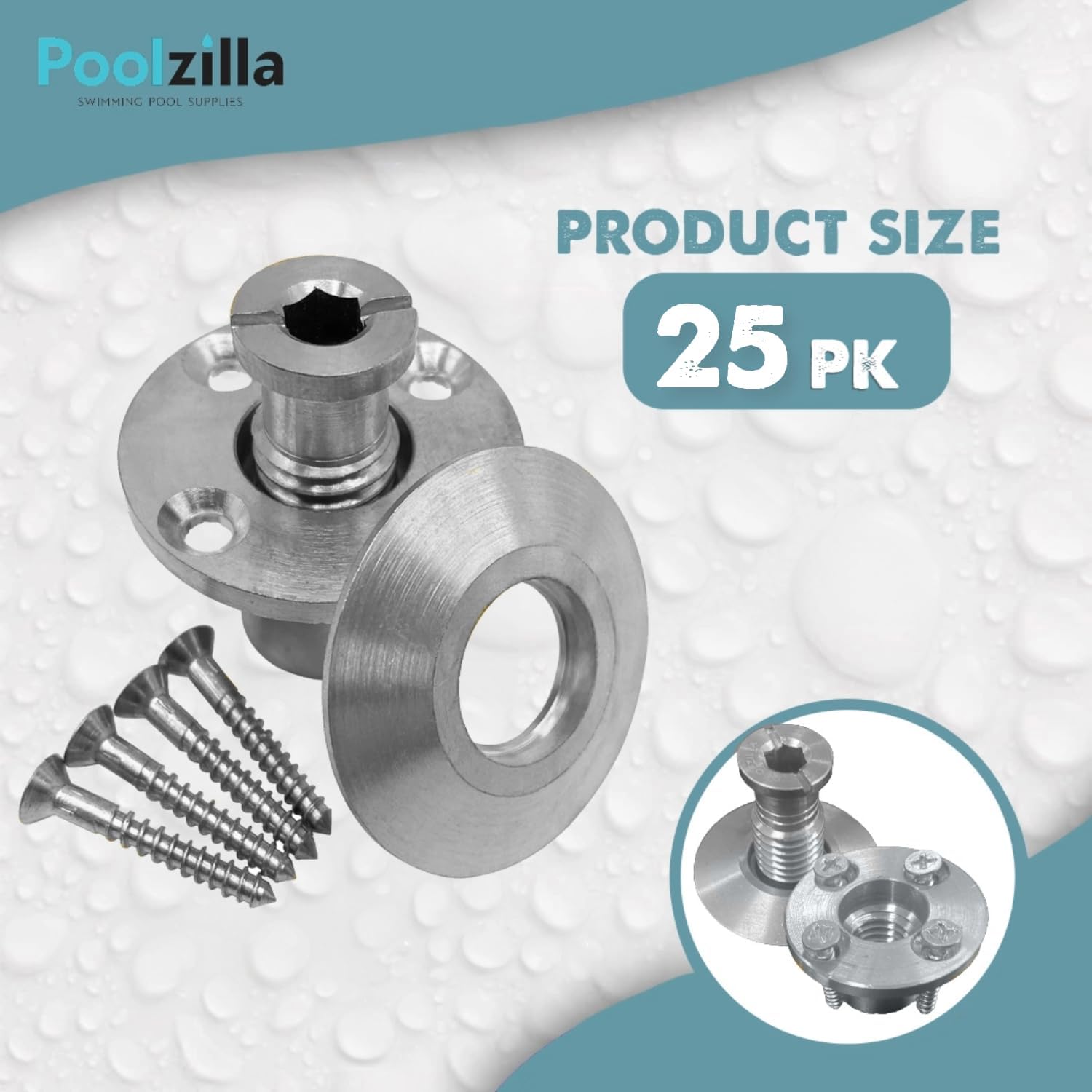 Poolzilla Pool Safety Cover Stainless Steel Anchor with Collar for Wood Decks - 25 Pack - Universal Fit