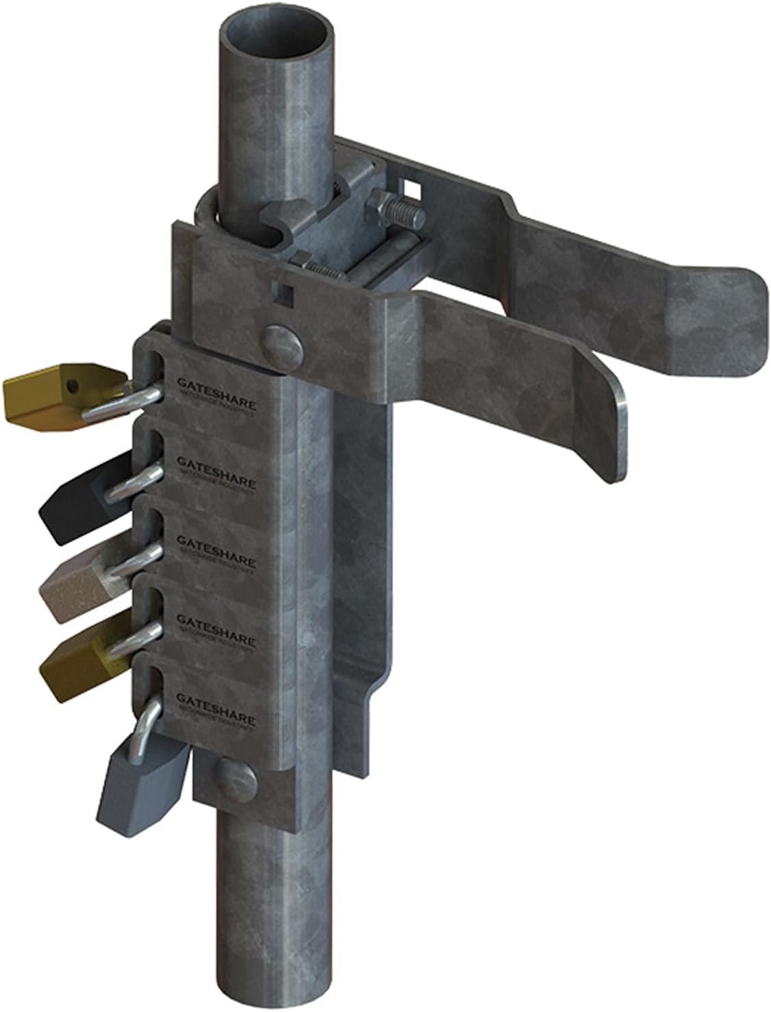 GateShare® Multi-Lock Latch for Single Walk Chain Link Gate 1-5/8' or 2' Gate Frame and Latching on a 2-1/2' Post. Up to 5 Padlocks - GSL-5-25 - Nationwide Industries
