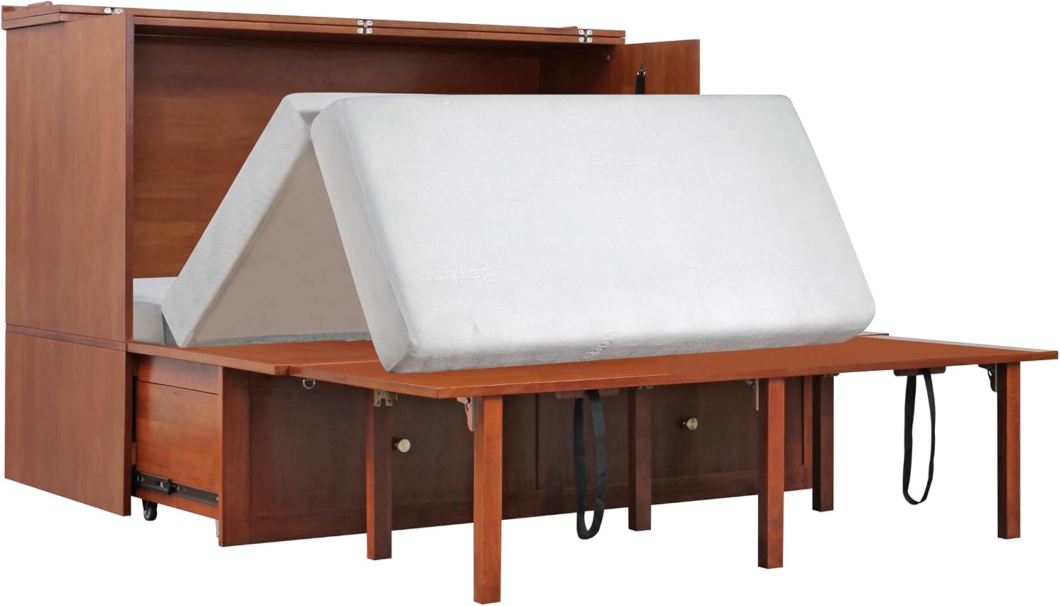 Mega Solutions Notturno Murphy Cabinet Bed Queen 8 inch Save Space in Style with Elegant Cognac Wood Finish Charging Station - Guest Room or Small Apartment Must-Have