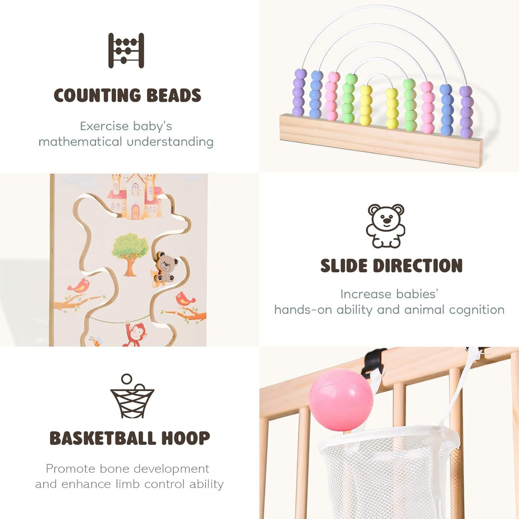 Ulnxiy Wooden Baby Playpen with Montessori Toys, 8-Panel Foldable Wood Play Yard for Toddlers, 56'x56' Large Baby Fence with Safety Lock, CPC Certified Natural Pine Wood Activity Center