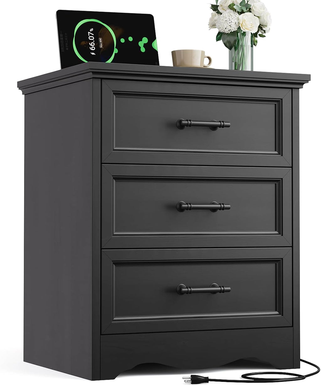 Black Nightstand with Charging Station, 19.7' Farmhouse End Table with 3 Drawers Storage, Bedside Table with Brushed Metal Handles, Unique Base Design, 3 Drawer Dresser for Bedroom, Living Room