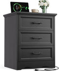 Black Nightstand with Charging Station, 19.7' Farmhouse End Table with 3 Drawers Storage, Bedside Table with Brushed Metal Handles, Unique Base Design, 3 Drawer Dresser for Bedroom, Living Room