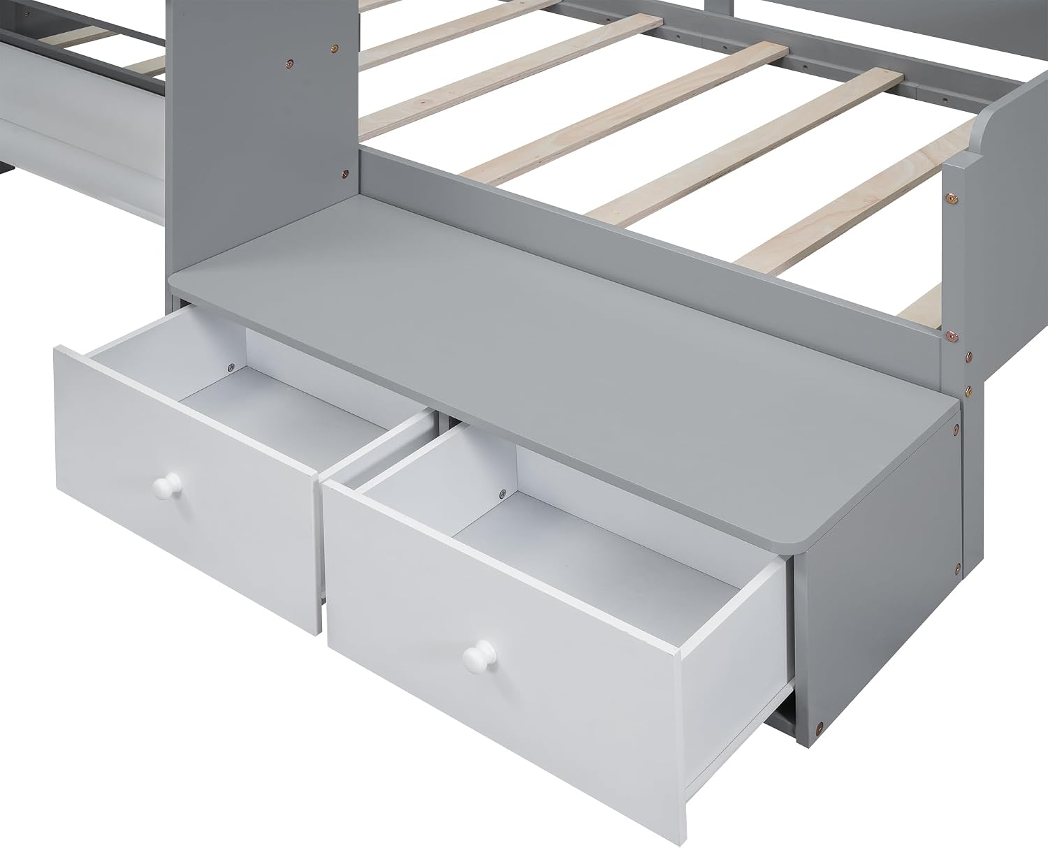 Functional Design Twin Size Platform Bed Daybed with 2 Drawers and 1 Chair&Desk Set, Solid Wood Daybed Frame with Full-Length Guardrails for Kids Boys Girls, Sturdy Slat Support (Gray+White)