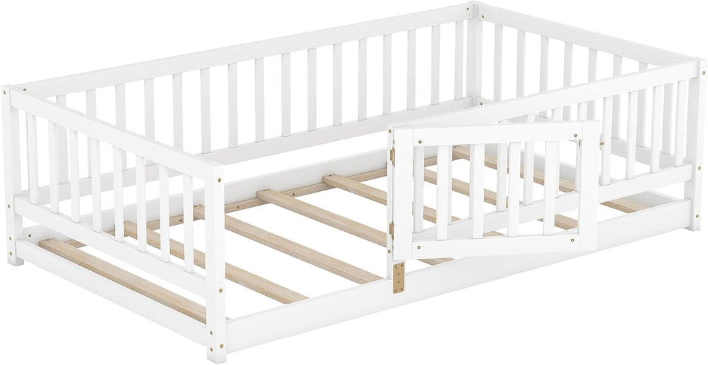 KEIKI Twin Size Wooden Floor Bed, Montessori Platform Bed Frame with Door & Safety Rails, Space Saving Kids Beds for Boys Girls Bedroom, No Box Spring Needed, Easy Assembly, Noise Free, White