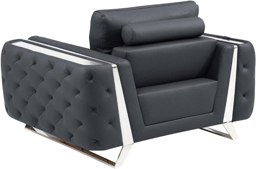 Blackjack Furniture Reggio Collection Full Grain Italian Leather Sofas for Living Room with Brazilian Wood Frame and Stainless Steel Legs, 3-Piece Set, Sofa, Loveseat, and Chair, Dark Gray