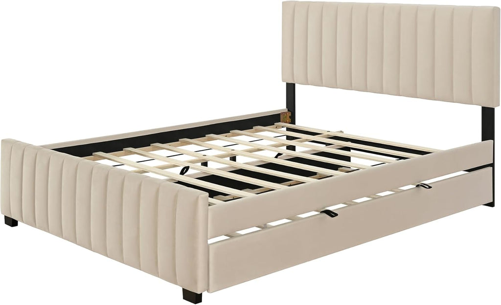 VilroCaz Modern Queen Size Velvet Upholstered Platform Bed with Twin Size Trundle Bed, Channel Tufted Headboard and Footboard, Sturdy Slats Support (Beige-5.25)