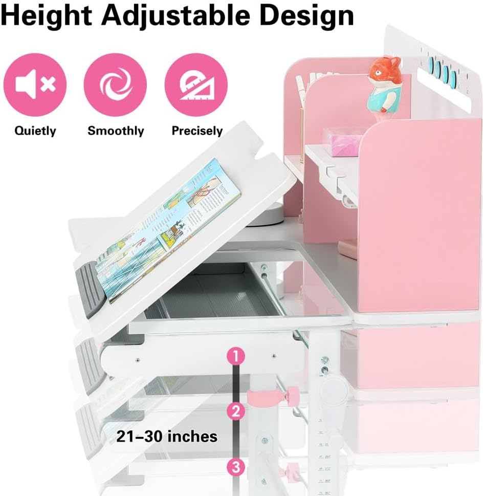 COSVALVE 39in Wide Adjustable Height Kids Desk with Tilting Desktop, Steel Frame, Drawer, and Bookshelf Hutch, Study Child Table for Ages 3-12, Pink