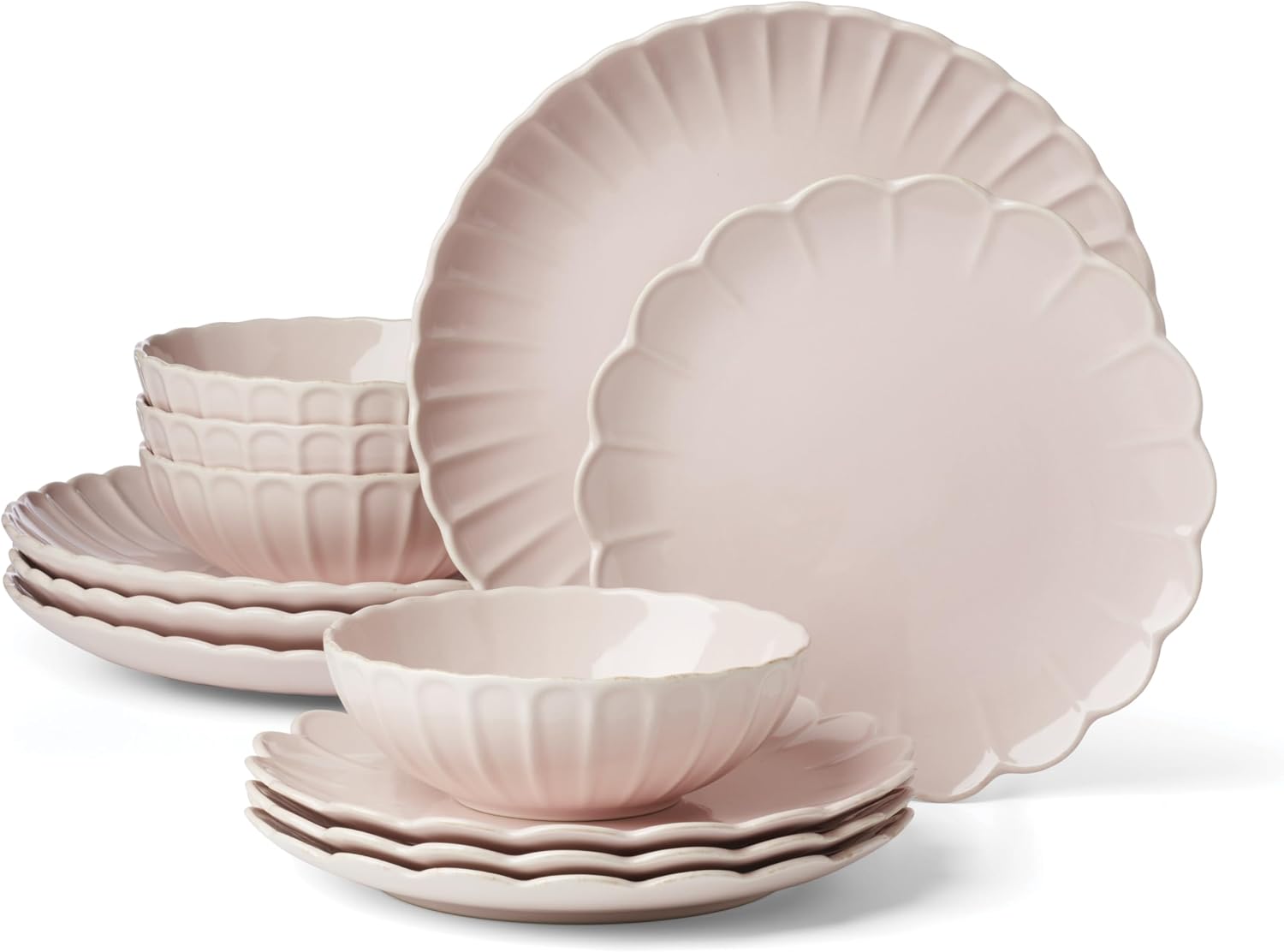 Lenox Dinnerware Set, French Perle Scallop Blush 12-Piece Set, Service For 4, Stoneware, Dishwasher Safe, Microwave Safe, Plates and Bowls sets, Dish Set, Plate Set, Home And Kitchen (Pink, 12 Piece)