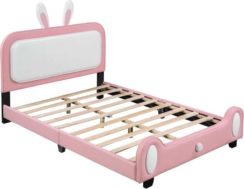 Full Size Upholstered Rabbit-Shape Princess Bed,with Headboard and Footboard Frames Platform Bed for Girls Boy Teen Full Bed Frames for Kids Bedroom Atmosphere Easy to Assemble (Pink+White, Full)