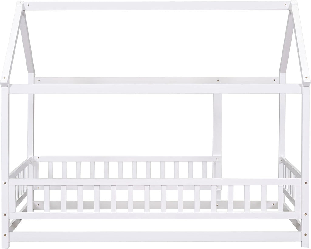 Bellemave Twin Size House Floor Bed,Wooden Montessori Bed with Fence and Roof for Kids,Twin Bed Frame for Boys,Girls(Twin,White)