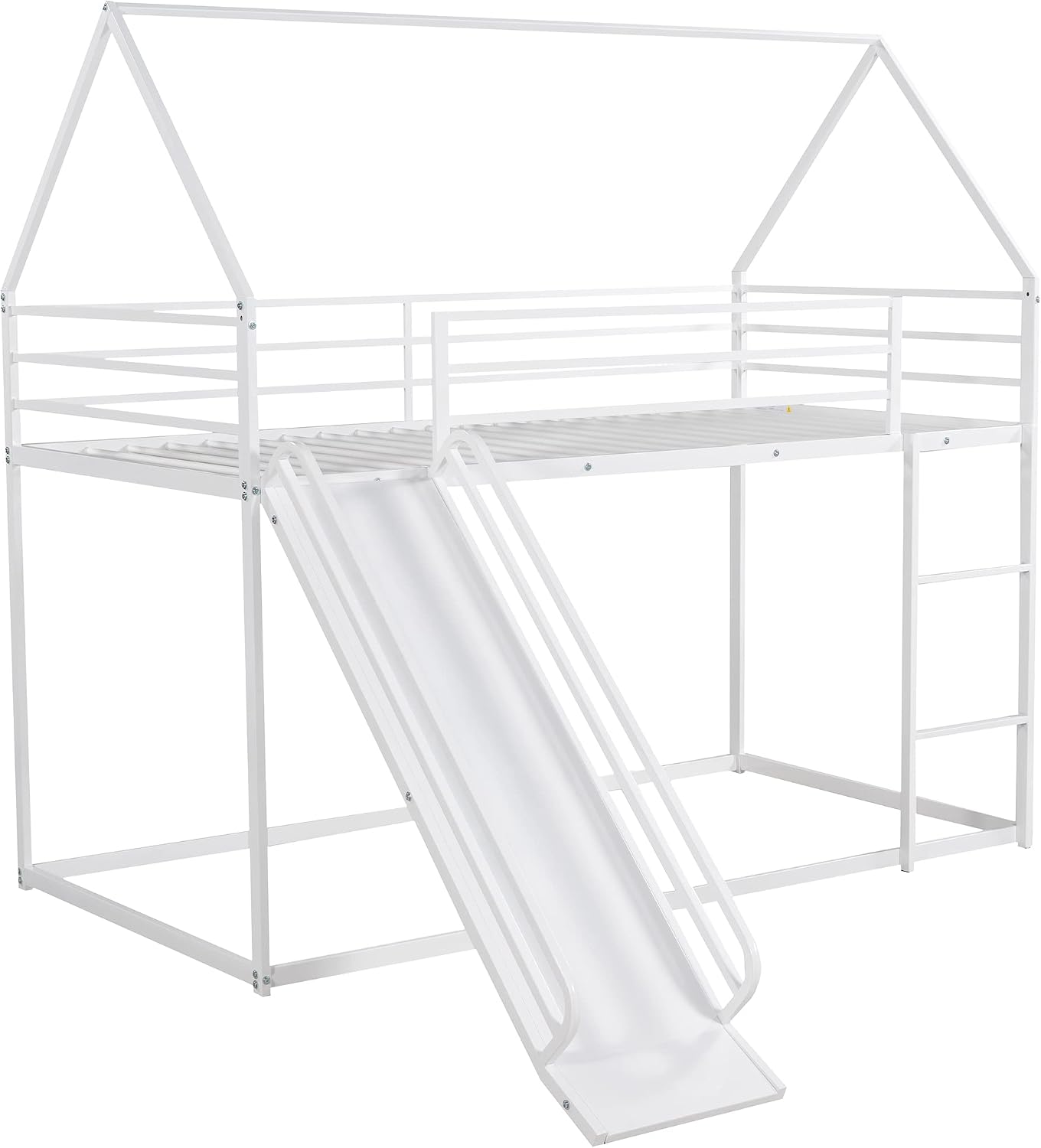 Metal Twin Size House Bed with Roof and Slats Support,Playhouse Design Montessori Floor Bed Frame W/Headboard & Footboard,No Box Spring Needed,for Kids Girls Boys,White
