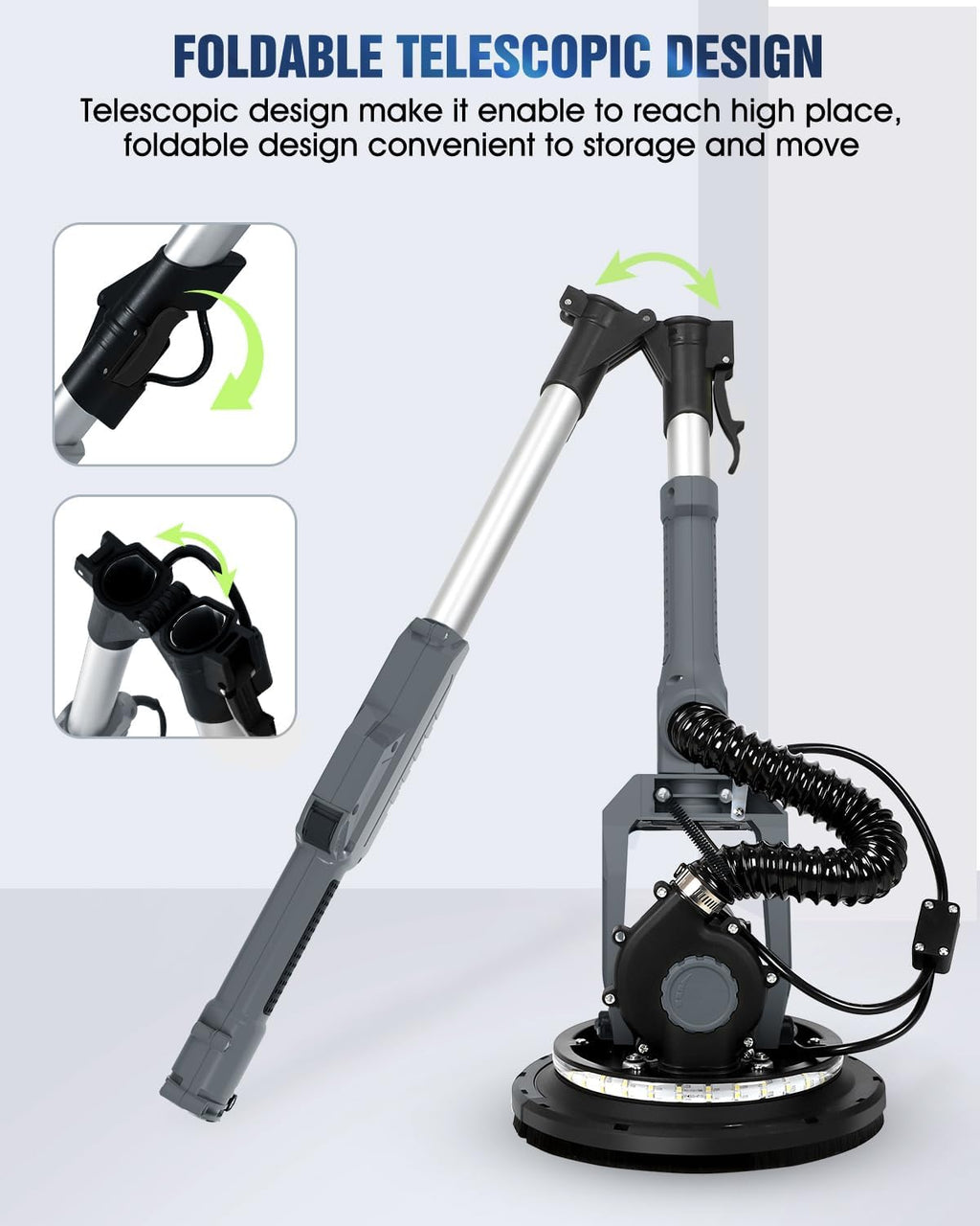 MYTOL Drywall Sander, 7.2A Electric Drywall Sander with Vacuum Dust Collection, 6 Variable Speed 900-1800RPM, LED Light, Foldable & Extendable Handle, 9 Pcs Sandpaper&3 Pcs Grid Sandpaper, Full Green