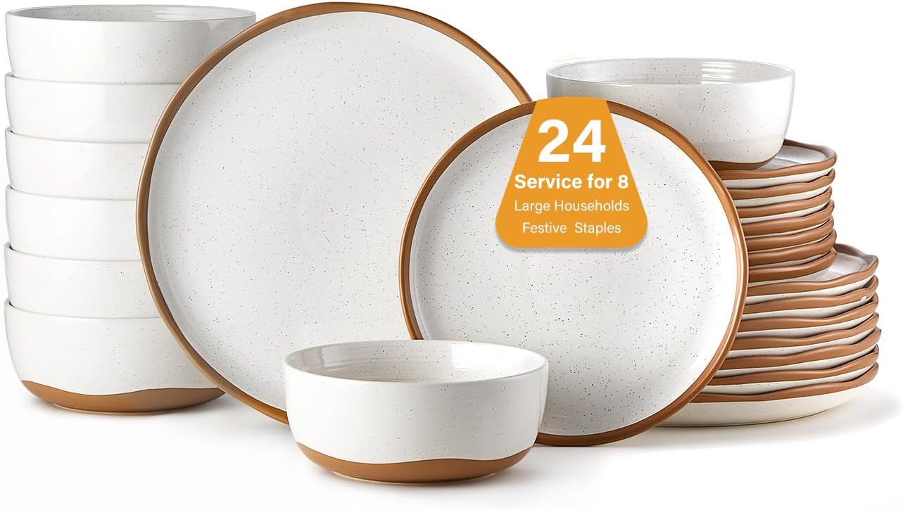 24 Piece Dinnerware Sets for 8 - Farmhouse Ceramic Plates and Bowls Sets - Scratch Resistant Stoneware Dishes Set, Dishwasher & Microwave Safe, Stack Compactly Dishware - Vintage White