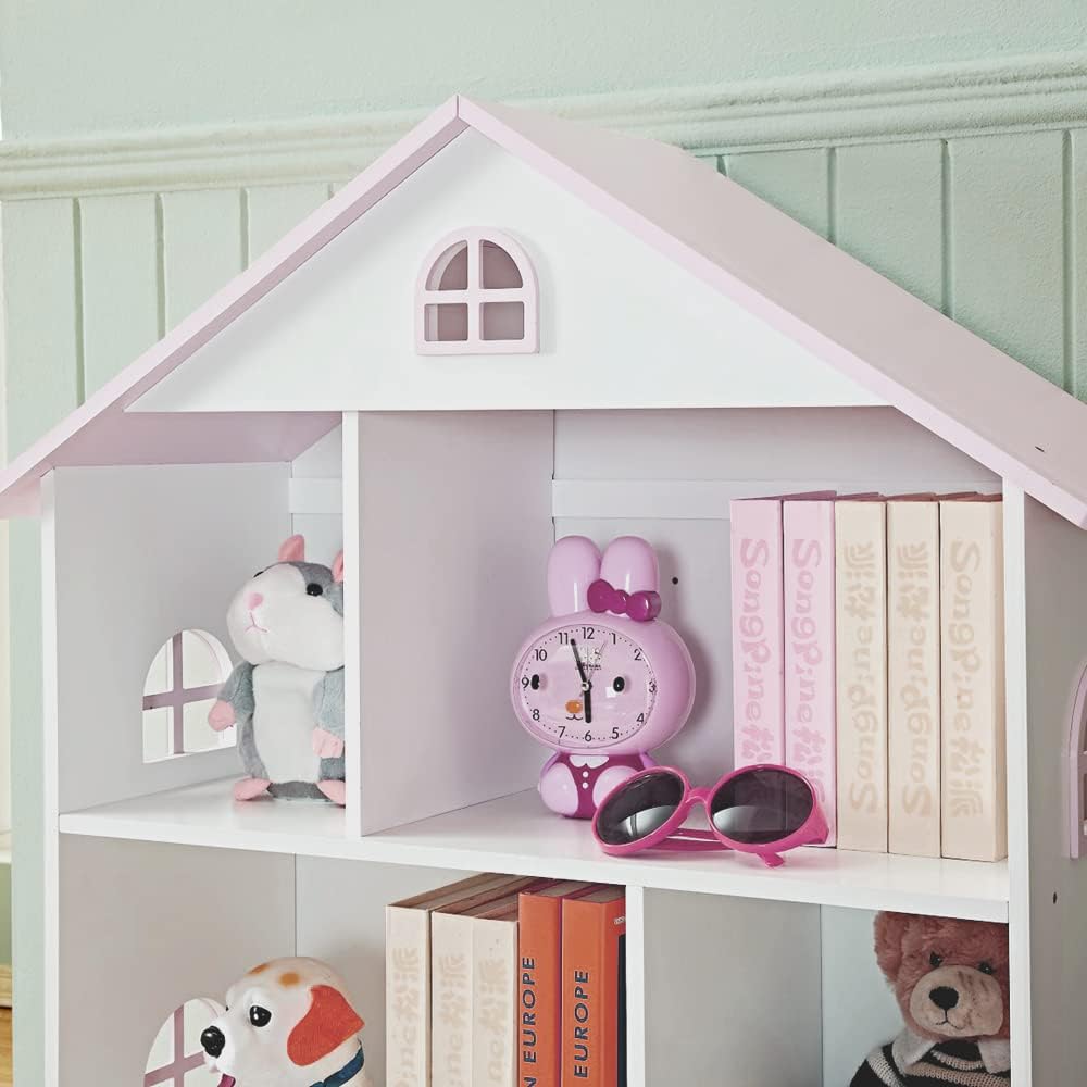 Wooden Dollhouse Bookshelf 3-Tier Doll House Bookcase Kids Books Toys Storage Organizer Shelves for Children's Bedroom Playroom Kindergarten Nursery Gift for Boys Girls Ages 3-8 Years Old