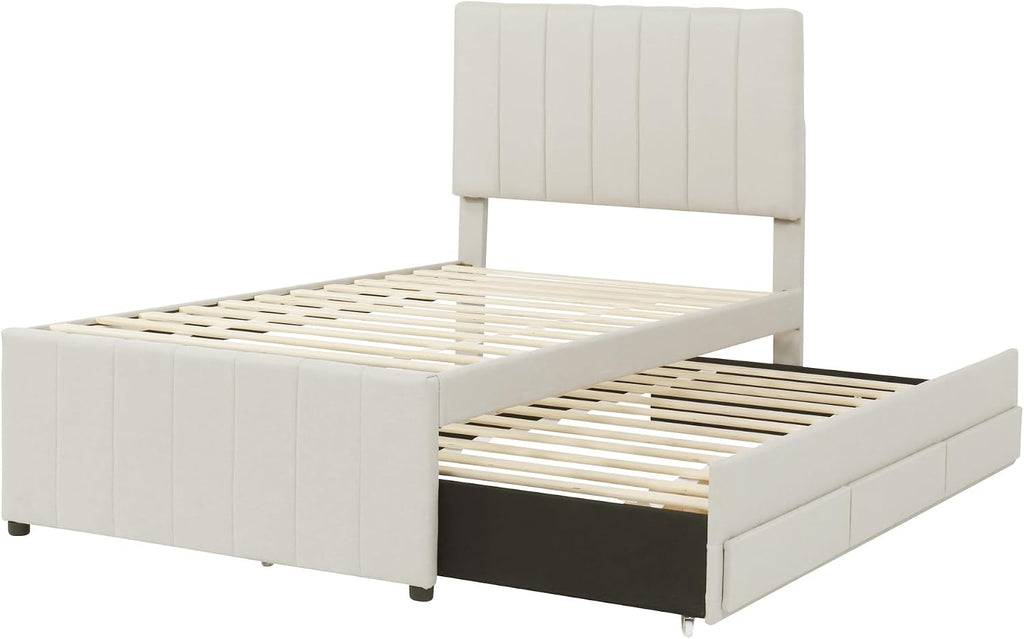 VilroCaz Twin Size Upholstered Platform Bed with Trundle and 3 Drawers, Linen Fabric Platform Bed Frame with Stripe Headboard, No Box Spring Needed, Space Savings (Beige+Li)