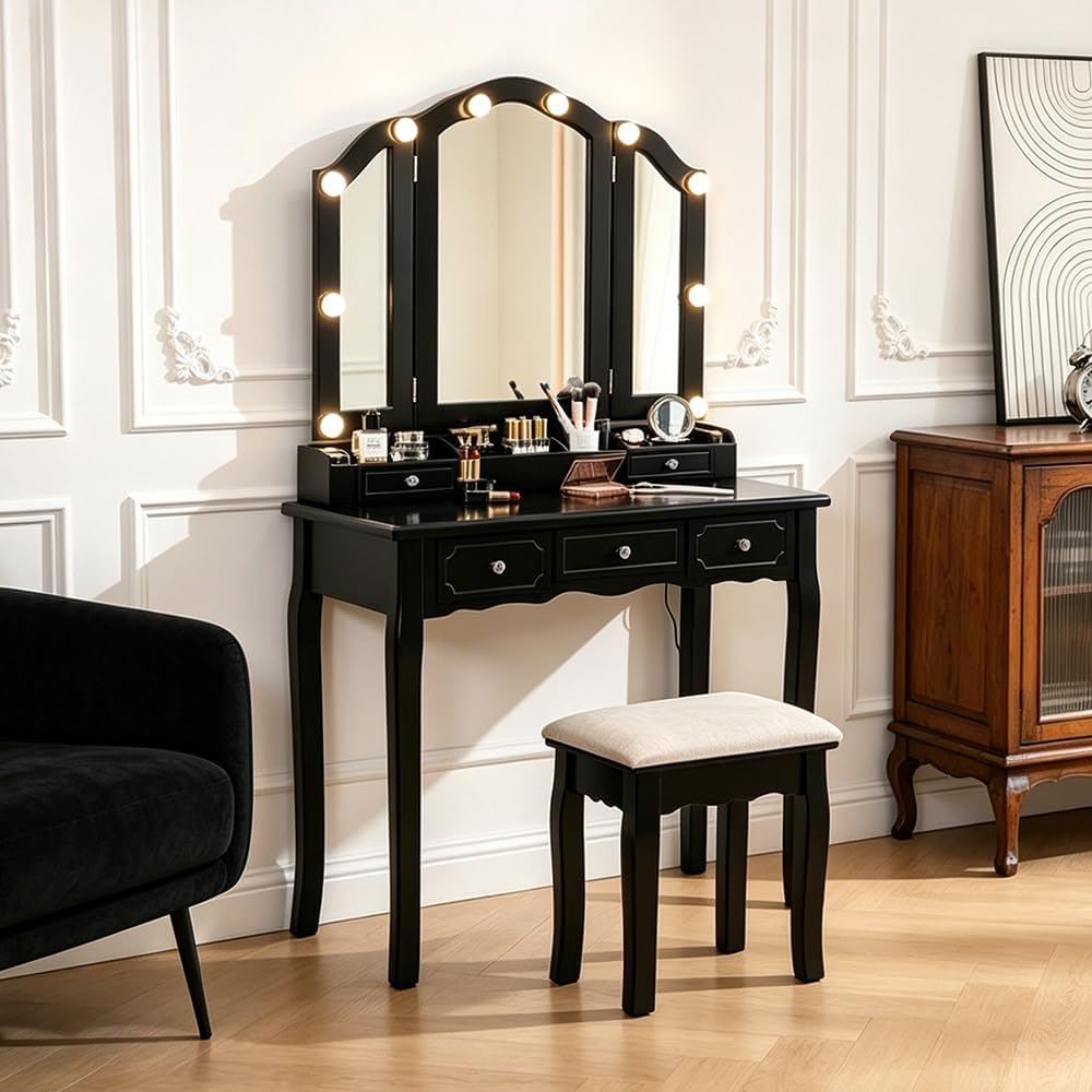 Makeup Vanity with Lights, Large Vanity Desk with 3 Lighting Modes & Adjustable Brightness Detachable Top Writing Desk Dressing Table with Drawers and Shelves for Bedroom, (Black)