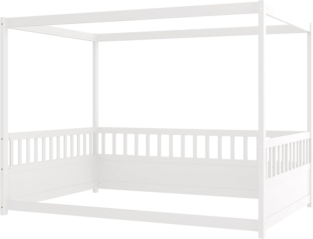 Full Size Canopy Bed Frame with Guardrails,Floor Bed Full with Four Poster Design,Montessori Floor Bed,Wood Canopy Bed Frame for Girls,Boys(Full,White)