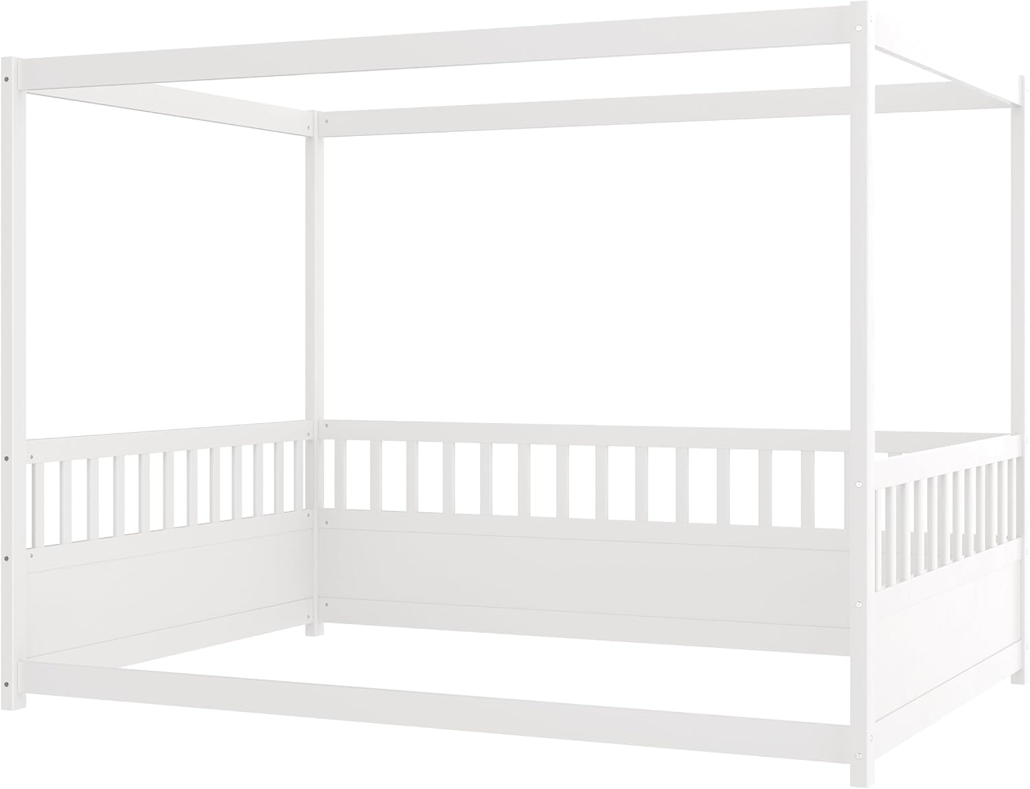 Full Size Canopy Bed Frame with Guardrails,Floor Bed Full with Four Poster Design,Montessori Floor Bed,Wood Canopy Bed Frame for Girls,Boys(Full,White)