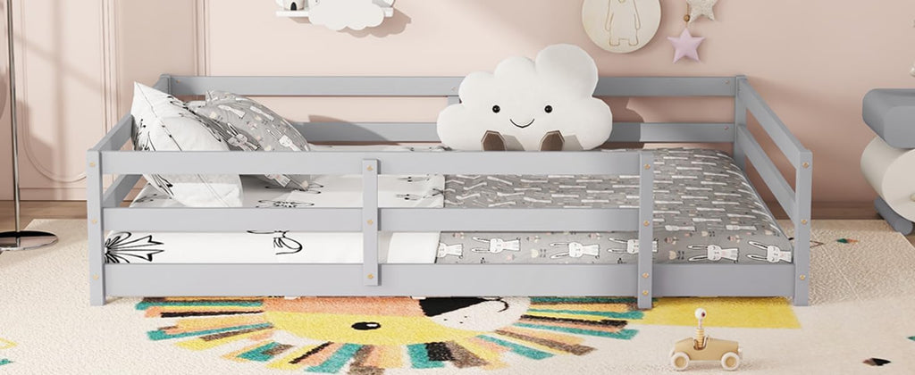 Modern Classic Full Size Bed Frame with Fence, Sturdy Wood Montessori Floor Bed for s, Boys, Girls, Dorm, Bedroom, House, Easy to Assemble, Noise-Free Design, No Box Spring Needed,Grey-Ful