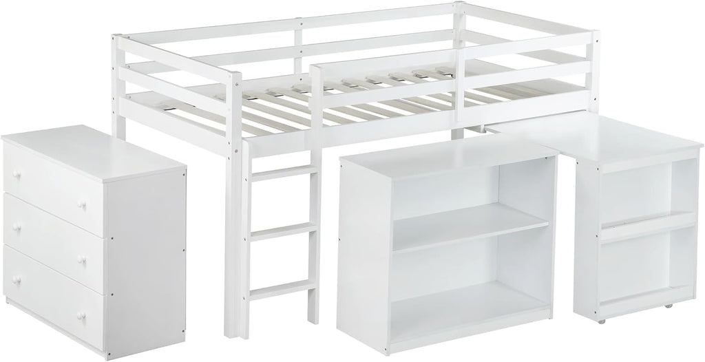 Twin Loft Bed, Multifunctional Loft Bed with Drawer Cabinet, Shelf Cabinet and Pulling-Out Desk, Flexible Under-bed Storage Space, Rubber Wood Loft Bed with Safety Guardrail and Ladder (White/261)