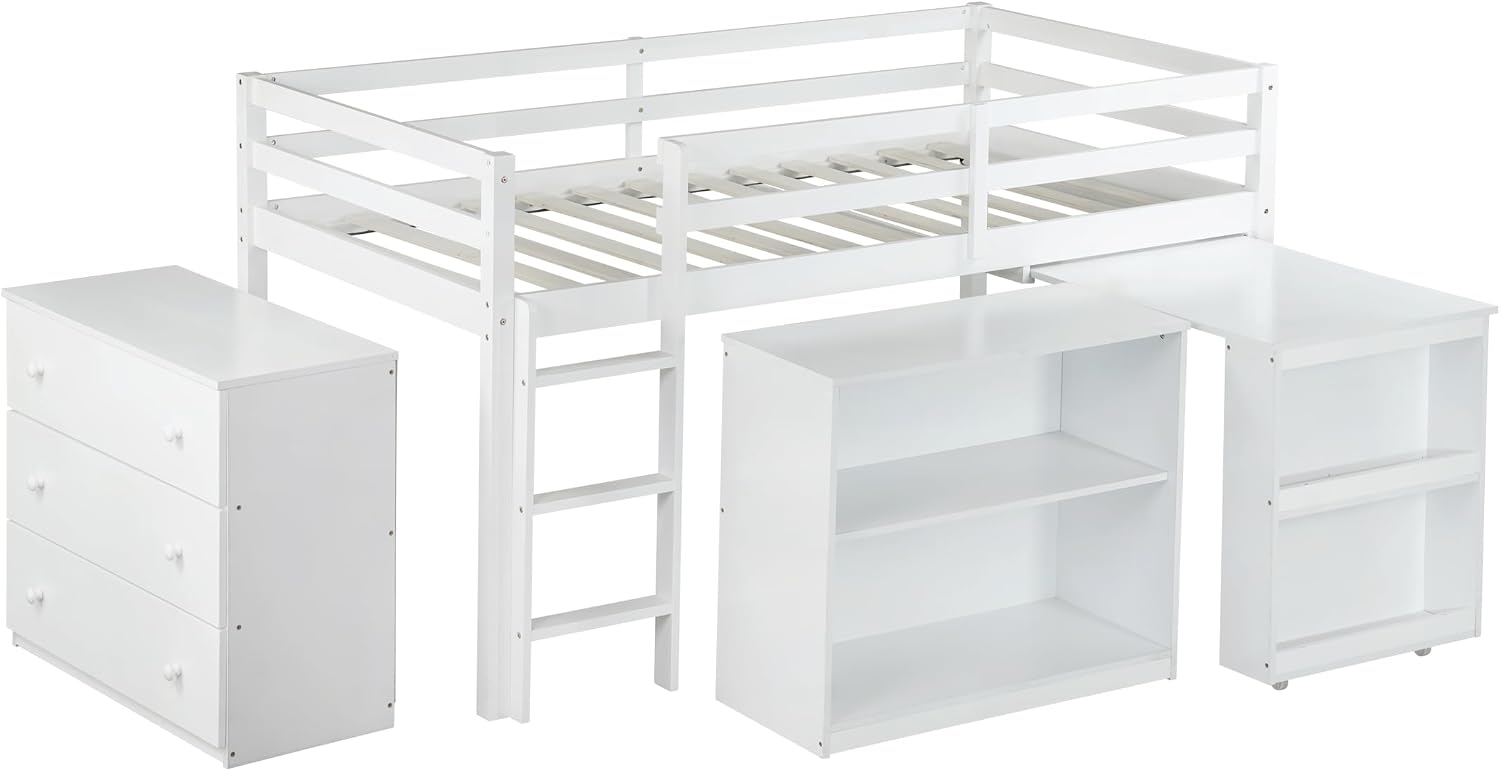 Twin Loft Bed, Multifunctional Loft Bed with Drawer Cabinet, Shelf Cabinet and Pulling-Out Desk, Flexible Under-bed Storage Space, Rubber Wood Loft Bed with Safety Guardrail and Ladder (White/261)