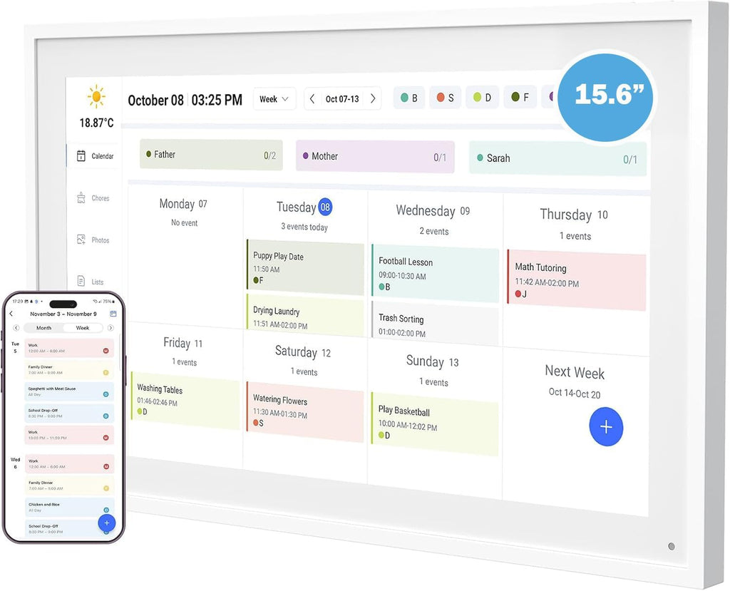 15.6 Inch Digital Calendar with Wall Mount Option, HD Touchscreen Planner, Wi-Fi sync, Color Coded Scheduling, Meal Planning, Chore Chart for Family and Home Organization