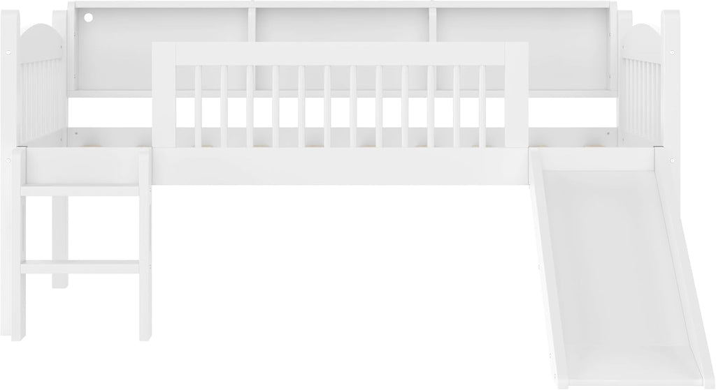 JIVOIT Twin Loft Bed with Storage Shelves, Solid Wood Lower Loft Bed with Full-Length Guardrails, Wood Slats Support, Space-Saving Design, No Box Spring Needed (White,Twin,51)