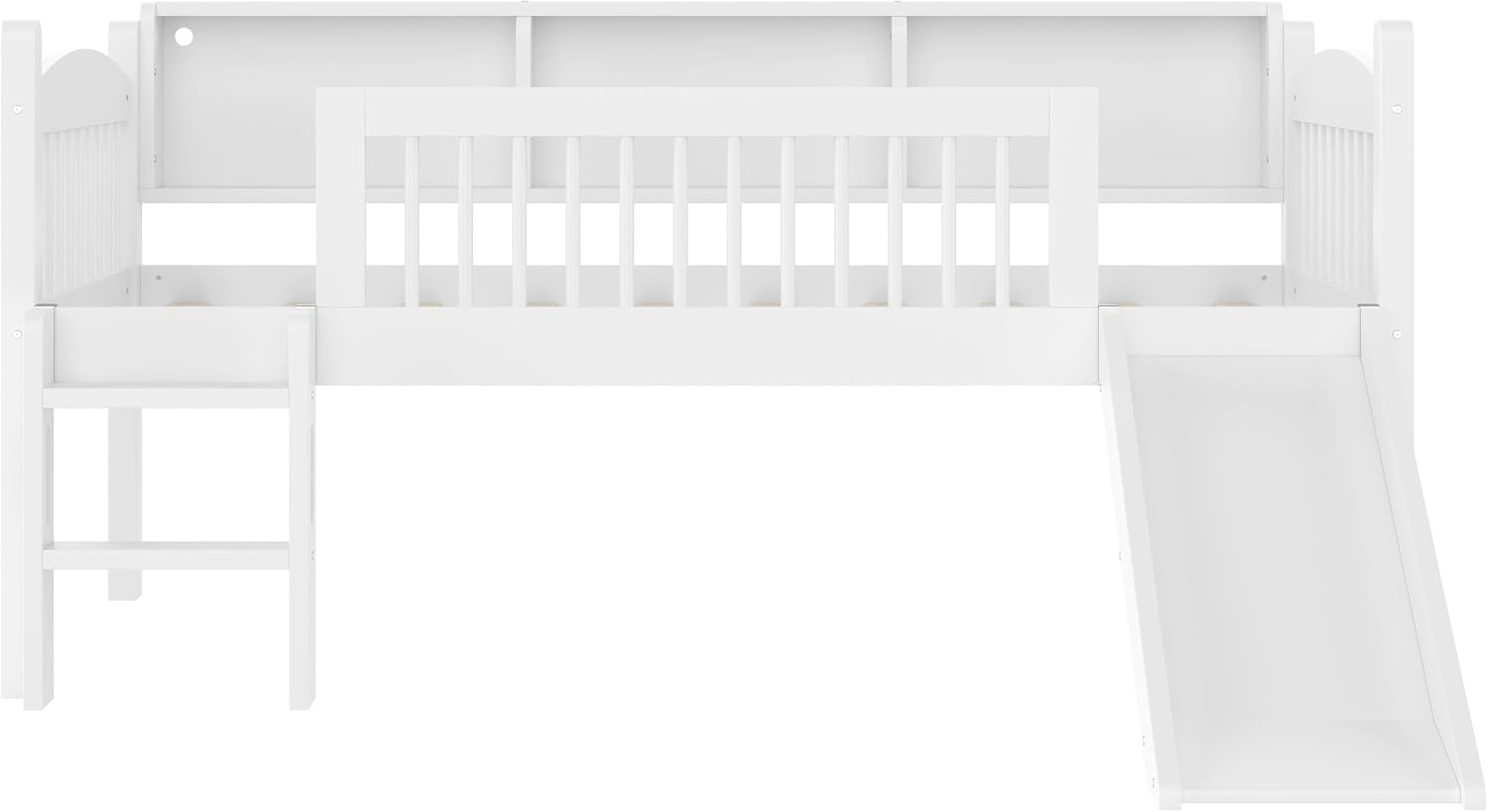 JIVOIT Twin Loft Bed with Storage Shelves, Solid Wood Lower Loft Bed with Full-Length Guardrails, Wood Slats Support, Space-Saving Design, No Box Spring Needed (White,Twin,51)