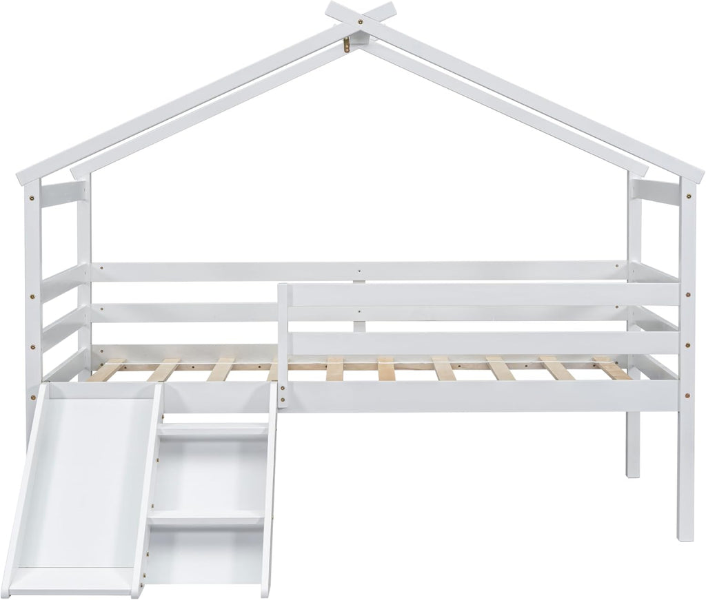 JIVOIT Twin Size Low Loft Bed with Slide and Ladder, House Loft Bed with Safety Guardrails, Capacious Space Under Bed, House Roof Frame for Kids Teens Girls Boys (White * 098)