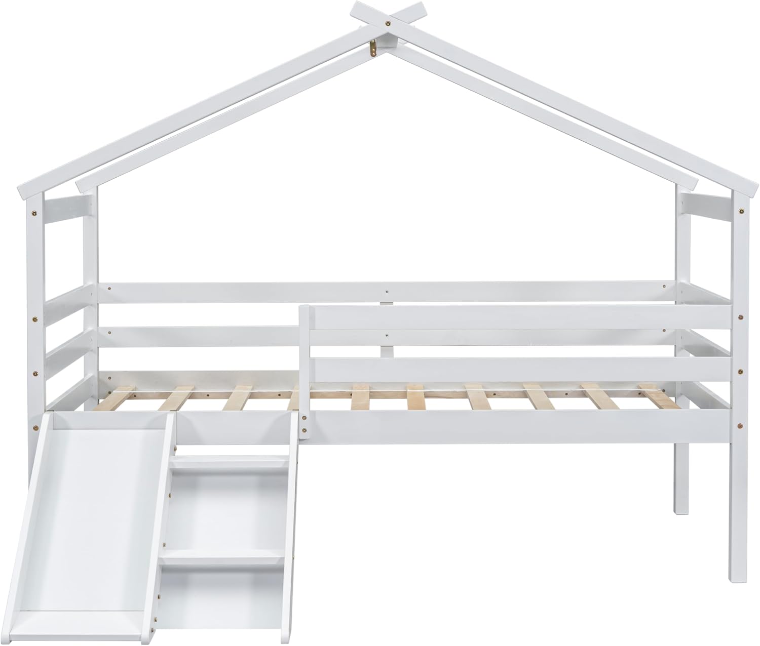 JIVOIT Twin Size Low Loft Bed with Slide and Ladder, House Loft Bed with Safety Guardrails, Capacious Space Under Bed, House Roof Frame for Kids Teens Girls Boys (White * 098)