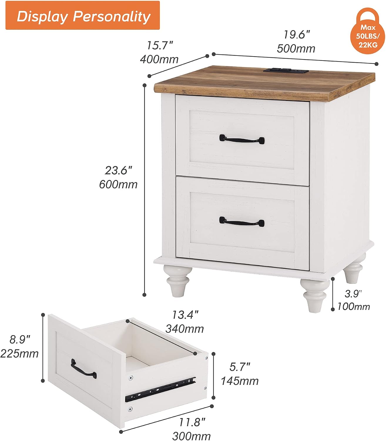 WAMPAT Off White Nightstand with Charging Station, 20 Inch Night Stand with 2 Drawers, Wooden Rustic Bedside Table End Tables with Solid Wood Legs for Bedroom
