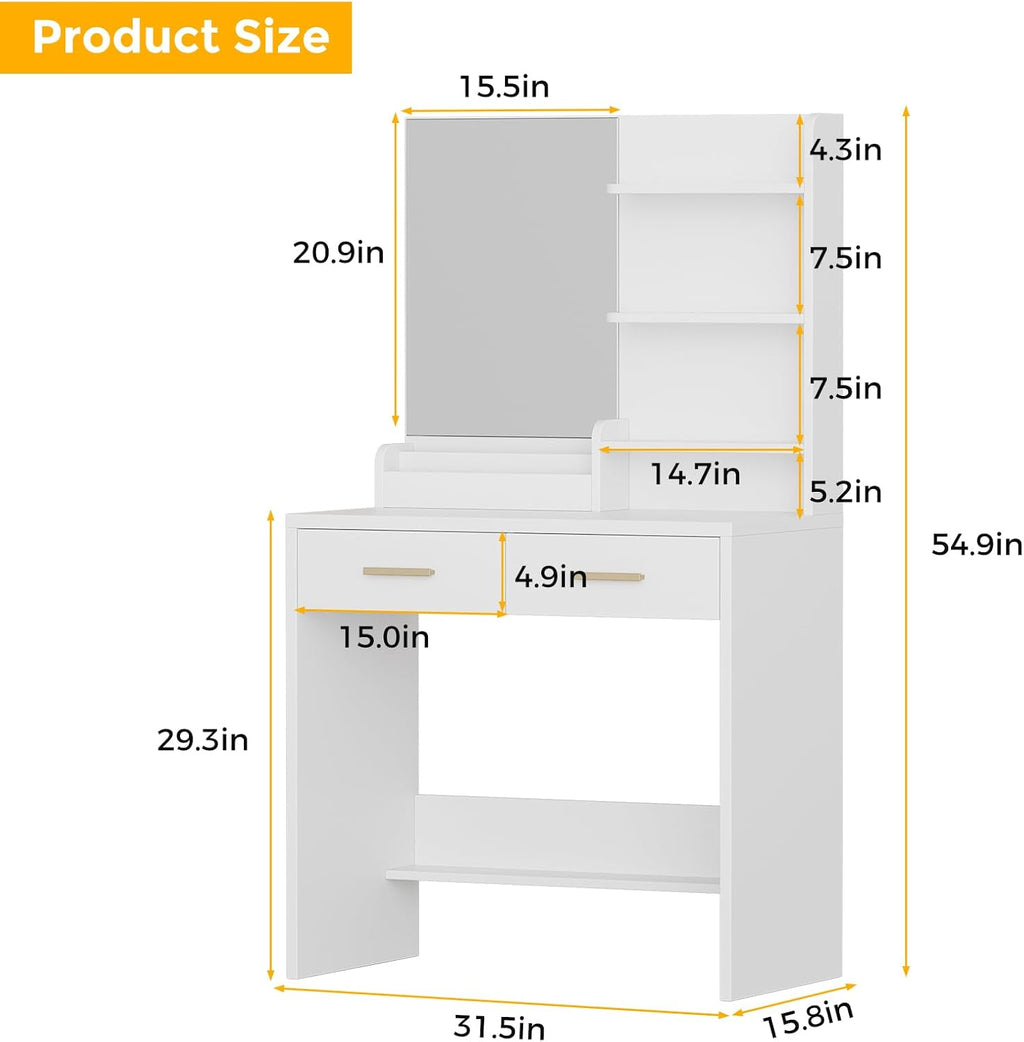 Vanity Desk with Vertical Mirror, White Makeup Table with 2 Drawers Shelves Full-Length Dressing Table Modern Set for Bedroom Dorm Apartment Ideal for Women Girls Teens