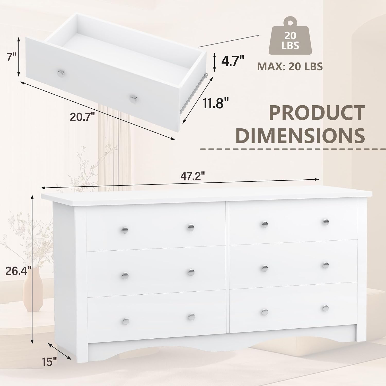 YESHOMY 6 Drawer Dresser for Bedroom, 47.2'' Wood White Dresser, Chest of Drawers Storage Organizer, TV Stand for 55 inch TV, for Living Room, Hallway, Closet